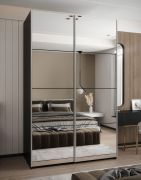 Kleiderschrank / Schiebetürenschrank | 245,5 x 160 x 64 cm | Soft-Close | 2 Kleiderstangen | 11 Fächer | Farbe: Schwarz | 2 Schiebetüren | Spiegel