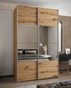 Kleiderschrank / Schiebetürenschrank | 245,5 x 150 x 64 cm | 2 Kleiderstangen | 6 Fächer | Soft-Close | 2 Schiebetüren | Spiegel | Farbe: Eiche Artisan