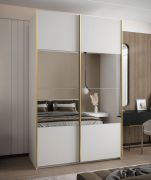 Kleiderschrank / Schiebetürenschrank | 2 Kleiderstangen | 245,5 x 150 x 64 cm | 6 Fächer | 2 Schiebetüren | Soft-Close-Funktion | Spiegel | Farbe: Weiß