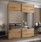 Kleiderschrank / Schiebetürenschrank | 11 Fächer | Spiegel | Soft-Close | 2 Schiebetüren | 2 Kleiderstangen | 245,5 x 190 x 64 cm | Farbe: Eiche Artisan