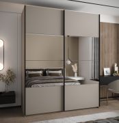 Kleiderschrank / Schiebetürenschrank | Farbe: Kaschmir | 11 Fächer | 2 Schiebetüren | 2 Kleiderstangen | 245,5 x 200 x 64 cm | Spiegel | Soft-Close