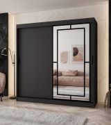 Schiebetürenschrank / Kleiderschrank | Schwarz Matt | 10 Fächer | 2 Kleiderstangen | 200 x 62 x 200 cm | dekorative Spiegeltür | für Schlafzimmer