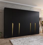 Drehtürenschrank / Kleiderschrank | Farbe: Schwarz | 4 Fächer | 3 Meter breit | Griffe: Gold | 4 Kleiderstangen | Soft-Close-Funktion | Maße: 300 x 52 x 202 cm