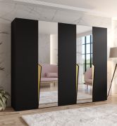 Kleiderschrank | Farbe: Schwarz | 2 Spiegeltür | 3 Fächer | 3 Kleiderstangen | Griffe: Gold | Maße: 250 x 52 x 202 cm | Soft-Close-Funktion | ABS-Kanten