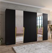 Kleiderschrank / Drehtürenschrank | Farbe: Schwarz | 2 Spiegeltüren | 4 Fächer | 4 Kleiderstangen | Soft-Close | Griffe: Gold | Maße: 300 x 52 x 202 cm | ABS