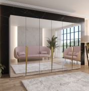 Drehtürenschrank | Farbe: Kaschmir | Schlafzimmerschrank mit Spiegel | Griffe: Gold | Soft-Close-Funktion | 3 Fächer | 3 Kleiderstangen | Maße: 300 x 52 x 202 cm | ABS-Kanten