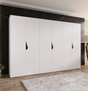 Drehtürenschrank | 6 Türen | Farbe: Weiß | 3 Kleiderstangen | Griffe: Schwarz | 3 Fächer | Maße: 300 x 52 x 202 cm | Soft-Close-Funktion