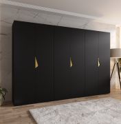 Drehtürenschrank | 6 Türen | Farbe: Schwarz | 3 Kleiderstangen | Griffe: Gold | 3 Fächer | Maße: 300 x 52 x 202 cm | Soft-Close-Funktion