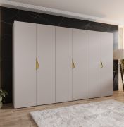Drehtürenschrank | 6 Türen | Farbe: Kaschmir | 3 Kleiderstangen | Griffe: Gold | 3 Fächer | Maße: 300 x 52 x 202 cm | Soft-Close-Funktion