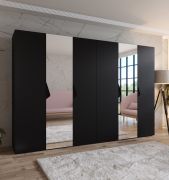 Drehtürenschrank / Kleiderschrank | Farbe: Schwarz | 2 Spiegeltüren | 4 Fächer | Griffe: Schwarz | 4 Kleiderstangen | Maße: 300 x 52 x 202 cm | ABS-Kanten