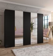 Kleiderschrank | 3 Spiegeltüren | 3 Fächer | Farbe: Schwarz | 3 Kleiderstangen | Griffe: Gold | Maße: 300 x 52 x 202 cm | Soft-Close-Funktion