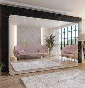 Schlafzimmerschrank mit Spiegel | 3 Fächer | Farbe: Weiß | 3 Kleiderstangen | Kleiderschrank | Griffe: Gold | Maße: 300 x 52 x 202 cm | Soft-Close-Funktion