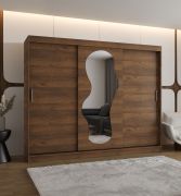 Schiebetürenschrank / Kleiderschrank | Farbe: Walnuss | 2,5 Meter breit | zwei Kleiderstangen | 10 Fächer | Aluminiumschienen | eine Spiegeltür