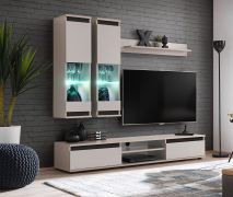 Wohnwand | Farbe: Eiche Hickory Jackson / Schwarz | Push-to-open Funktion | Maße: 175 x 37 x 150 cm | inkl. LED-Beleuchtung | 1 TV-Unterschrank | 2 Vitrinen | 1 Wandregal