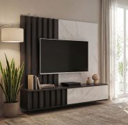 TV-Unterschrank inklusive Wandpaneel | Farbe: Eiche Graphite / Weißer Marmor | geriffelte Front | für Wohnzimmer | 148 x 35 x 160 cm | Push-to-open Funktion