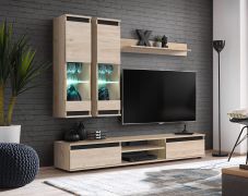 Wohnwand | Farbe: Eiche Hickory Jackson / Schwarz | inkl. LED-Beleuchtung | Maße: 175 x 37 x 150 cm | 1 TV-Unterschrank | 2 Vitrinen | 1 Wandregal