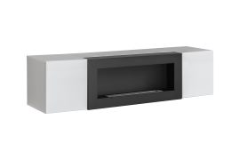 TV-Unterschrank | Bio-Ethanol Kamin | Farbe: Perla Grau | Push-to-open Funktion | 2 Fächer | Maße: 160 x 40 x 40 cm | für Wohnzimmer