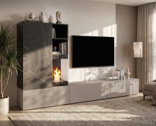 Wohnwand | Clay Grau / Schwarzer Marmor | inkl. Bio-Ethanol Kamin | Push-to-open Funktion | 270 x 40 x 158 cm | modernes Design | für Wohnzimmer