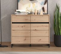 Kommode | 2 Drehtüren | Farbe: Eiche Artisan | 4 Fächer | Maße: 106 x 40 x 90 cm | ABS-Kanten | modernes Design | Beine: Schwarz | 2 Schubladen