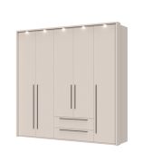 Drehtürenschrank mit fünf Türen Neiafu 73, LED-Rahmen, zwei Schubladen, verstellbare Füße, Maße: 226 x 232 x 60 cm, Soft-Close-Funktion, drei Kleiderstangen