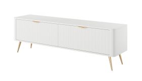 TV-Unterschrank | Weiß | Griffe & Beine: Metall | 2 Kipptüren | Maße: 51 x 163 x 38 cm | 2 Fächer | Lamellen Front | sehr stabil | TV-Möbel / TV-Board