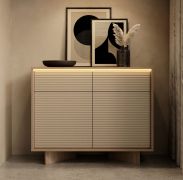 Kommode | Farbe: Bolivar Natur / Cappuccino | 2 Drehtüren | 4 Fächer | 2 Schubladen | Push-to-open Funktion | inkl. LED-Beleuchtung | 104 x 40 x 85 cm