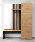 Garderobe Komplett - Set Miavorla 1 | Farbe: Eiche Artisan/ Schwarz | Sitzbank | großer Spiegel | 150 x 40 x 198,5 cm | Schrank mit 4 Fächern