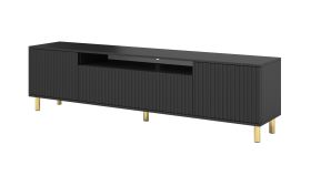 Dunkler TV-Schrank / TV-Board Cienequillas 10, Farbe: Schwarz, Beine: Gold, modern, Maße: 54 x 200 x 40 cm, Front: geriffelt, hochwertig Verarbeitet