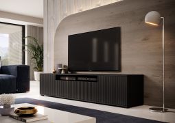 TV-Board / TV-Unterschrank mit Push-to-open Funktion Cienequillas 12, Farbe: Schwarz, Front: geriffelt, Maße: 42 x 200 x 40 cm, vier Fächer, ein Kabelloch