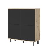 Kommode mit Push-to-open Funktion Zapopan 89, Farbe: Eiche Artisan / Schwarz, Maße: 112 x 100 x 40 cm, acht Fächer, vier Türen, Beine: Metall