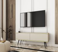 TV-Möbel / TV-Unterschrank mit Push-to-open Funktion Horsham 30, Farbe: Beige, Beine: Schwarz, ABS-Kantenschutz, zwei Kippfächer, für Wohnzimmer
