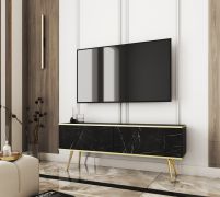 Moderner TV-Unterschrank mit Push-to-open Funktion Horsham 46, Farbe: Schwarzer Marmor, zwei Kippfächer, ABS-Kantenschutz, aus hochwertigen Materialien