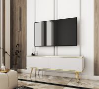 Schlichter TV-Schrank mit zwei Kipptüren Horsham 47, Farbe: Weiß, hängend montierbar, Push-to-open Funktion, Beine: Gold, ABS-Kantenschutz, für Wohnzimmer