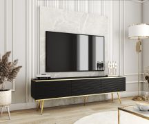 Langer TV-Unterschrank mit geriffelter Front Horsham 41, Farbe: Schwarz, hängend montierbar, Beine: Gold, Push-to-open Funktion, drei Kippfächer