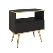 Dunkle Nachtkommode mit einer Schublade Horsham 78, Farbe: Schwarz, Push-to-open Funktion, ein Ablagefach, Maße: 59 x 54 x 39 cm, Beine: Gold