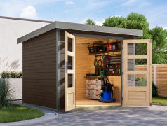 Gartenhaus aus Holz, Fichte terragrau, graualuminium Trapezblechdach, stahlverstärkte Ecken, Zylinderschloss, langlebig und wartungsarm, 2,38×2,42 m