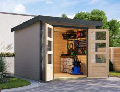 Pultdach Gartenhaus, nordische Fichte wassergrau, Trapezblech anthrazit, stahlverstärkte Ecken, Zylinderschloss, langlebig und wetterfest, 2,38×2,42 m
