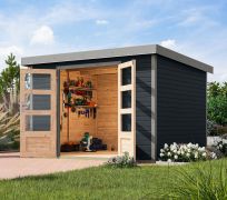 Pultdach Gartenhaus, Fichte anthrazit/graualuminium, Trapezblechdach, wetterfest, stahlverstärkte Ecken, langlebig, Zylinderschloss, 2,98x2,42m