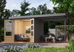 Gartenhaus mit 2,35 m Anbaudach, Fichte terragrau/graualuminium, Zylinderschloss-Tür, Pultdach wetterfest, 2,09 × 2,13 m, robuste Stahlecken