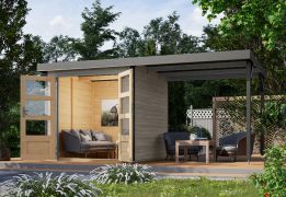 Holz Gartenhaus Anbaudach 2,35 m, nordische Fichte wassergrau/graualuminium, Trapezblechdach, metallverstärkte-Ecken, Zylinderschloss, 2,09 × 2,13 m