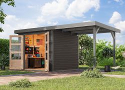 Gartenhaus mit Anbaudach 2,35 m, Fichte terragrau / graualuminium, Trapezblechdach witterungsbeständig, metallverstärkte-Ecken, 2,38 × 2,13 m