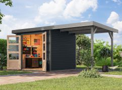 Holz Gartenhaus Anbaudach aus Fichte anthrazit/graualuminium, Trapezblechdach witterungsbeständig, 5,05 m², Doppelflügeltür, metallverstärkte-Ecken