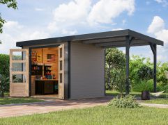 Holz Gartenhaus Anbaudach Fichte wassergrau/anthrazit, wetterfestes Trapezblechdach, 2,38×2,13 m, Doppeltür Zylinderschloss, metallverstärkte-Ecken