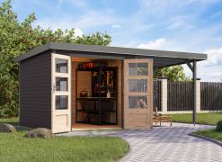 Holz Gartenhaus Anbaudach terragrau/graualuminium, 2,38 × 2,42 m, robuste metallverstärkte-Ecken, wetterfestes Trapezblechdach, Zylinderschloss