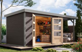 Holz Gartenhaus Anbaudach mit metallverstärkte-Ecken, Fichte terragrau/graualuminium, Trapezblechdach witterungsbeständig, Doppelflügeltür, 6,35 m²
