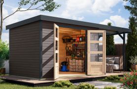 Holz Gartenhaus mit Anbaudach 2,35 m, nordische Fichte terragrau/anthrazit, Trapezblechdach witterungsbeständig, Zylinderschloss, 2,98 × 2,13 m