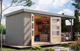 Holz Gartenhaus Anbaudach, wassergrau/graualuminium – wetterfestes Trapezblechdach, wetterfest, Doppelflügeltür mit Zylinderschloss, 2,98 × 2,13 m