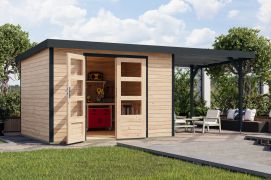 Gartenhaus mit Anbaudach naturbelassen/anthrazit – witterungsbeständiges Pultdach, Doppelflügeltür mit Schloss, langlebige Metallverbindung 7,21 m²