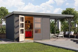 Gartenhaus mit Anbaudach terragrau/graualuminium – wetterfeste Dachkonstruktion, metallverstärkte-Ecken, Doppelflügeltür mit Zylinderschloss 7,21 m²