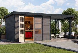 Holz Gartenhaus Anbaudach terragrau/anthrazit – Trapezblechdach, stabile metallverstärkte-Ecken, Doppelflügeltür mit Zylinderschloss 2,98 × 2,42 m
